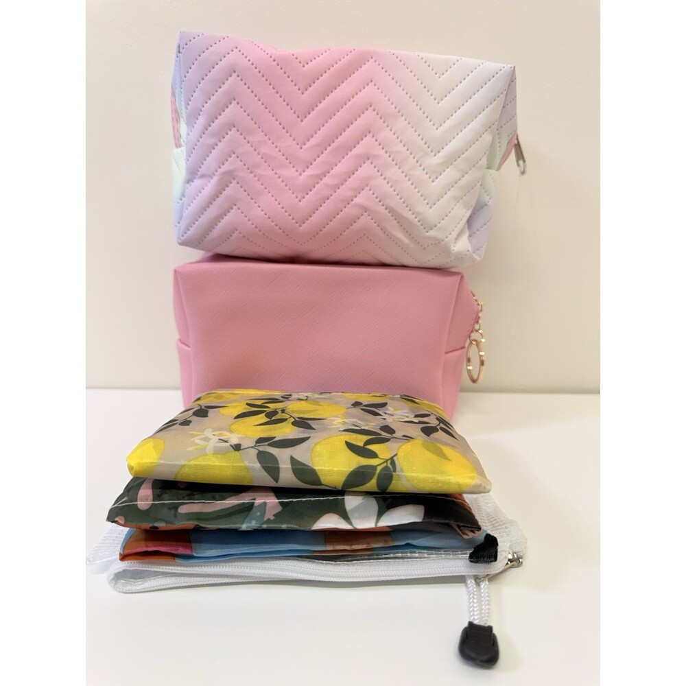6 Pc Travel Organizer Set 3 Foldable Tote Bags 2 Makeup Pouches & Mesh Bag